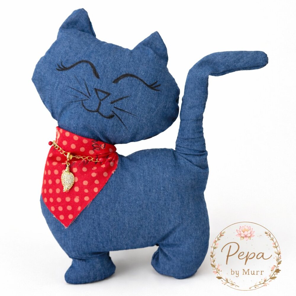 Limited Edition Upcycled Denim Cat Plush with Gold Charm